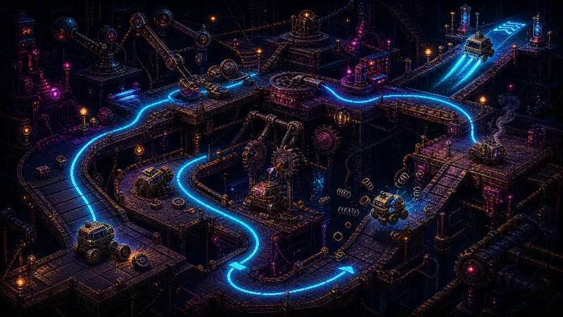 Isometric pixel-art test course with failed prototypes and one machine following a glowing cyan route