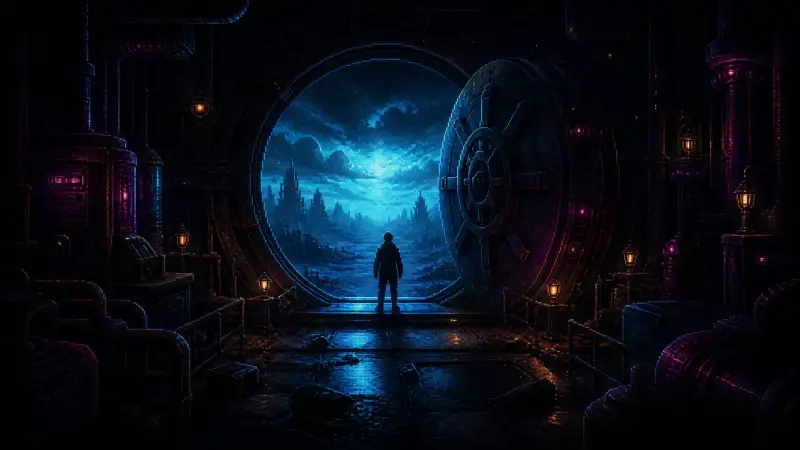 Anonymous lone figure stands before an open circular bunker door and a cyan-lit ruined wasteland in detailed pixel art