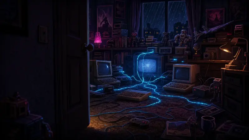 A dark 1990s bedroom where cyan-lit cables connect CRT computers and toy robots as a network awakens